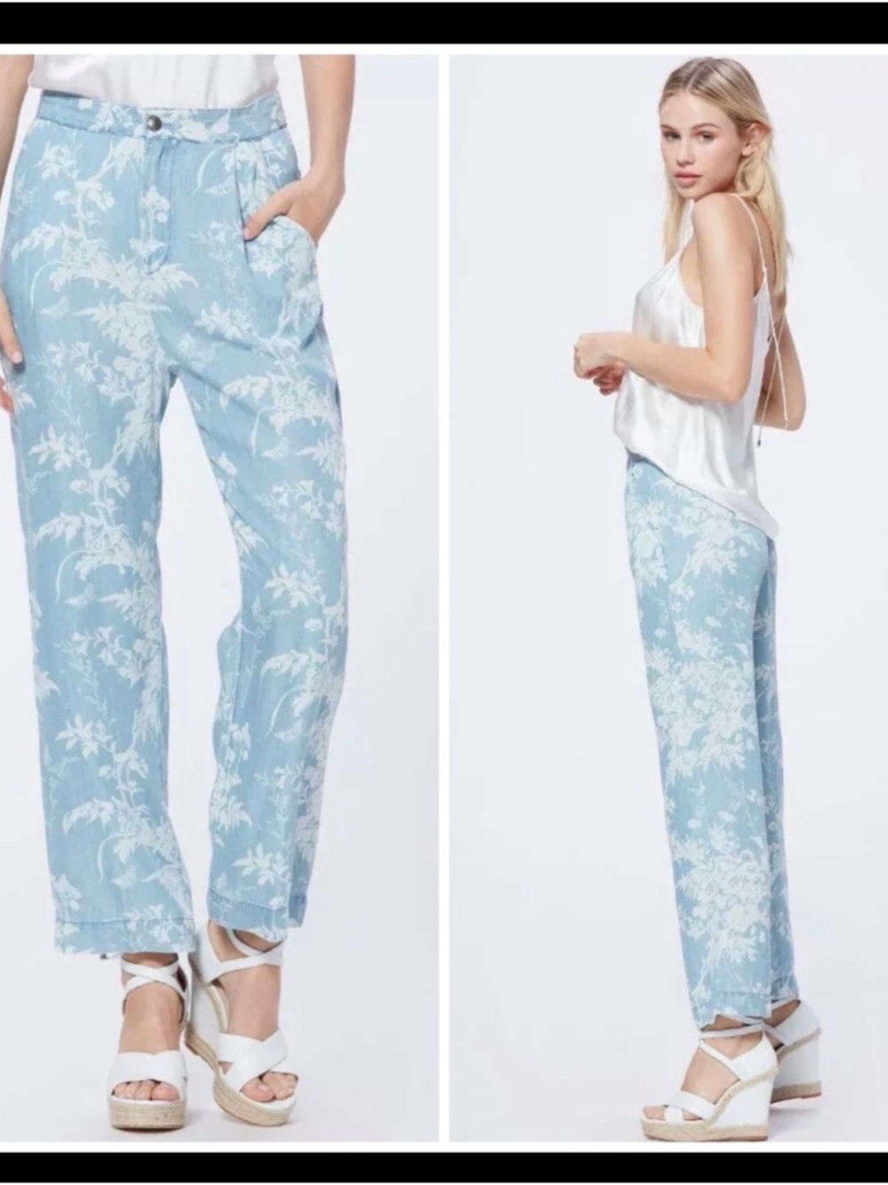 PAIGE Sky Blue Floral Straight-Leg Trousers
